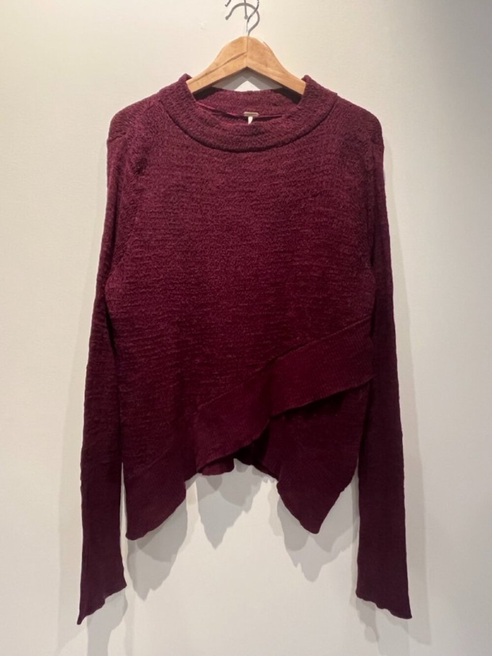 Free People Marlo Asymmetric Linen Blend Knit Sweater Maroon Burgundy Large